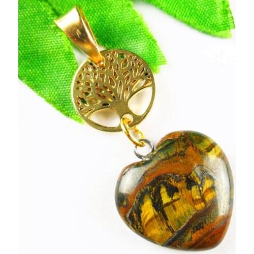 Yellow Tiger Iron Gem Heart Tibetan Gold Life-tree Pendant Bead 20x20x6mm/15x1mm Length:48mm