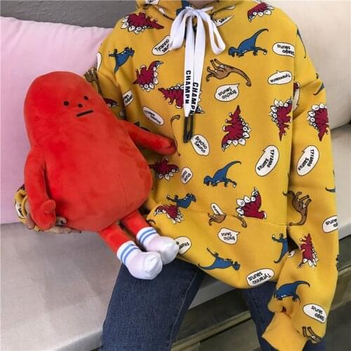 209 New Winter Korean Preppy Style Dinosaur Cartoon Print Cute Large yard Leisure Cartoon Loose Pullovers Hooded sweatershirt