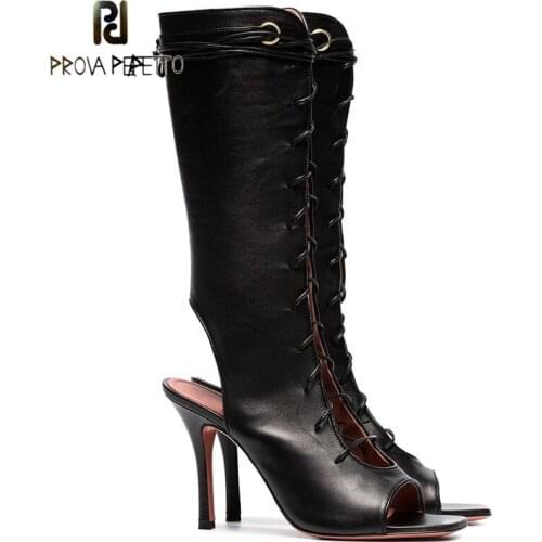 New Fashion Sandals Fashion Catwalk Fish Mouth Stiletto High-heeled Cross Straps Hollow Sling-out Side Zipper Long-tube Sandals