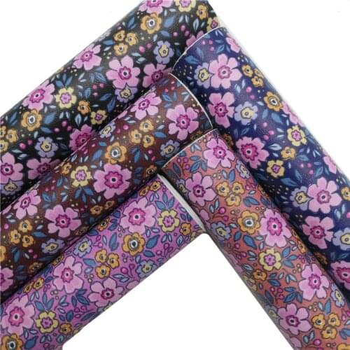 Small Pink Flowers Printed Synthetic Leather Faux Fabric Sheets Felt Backing Vinyl For Earrings bag Bows DIY 21X29CM GM2335B