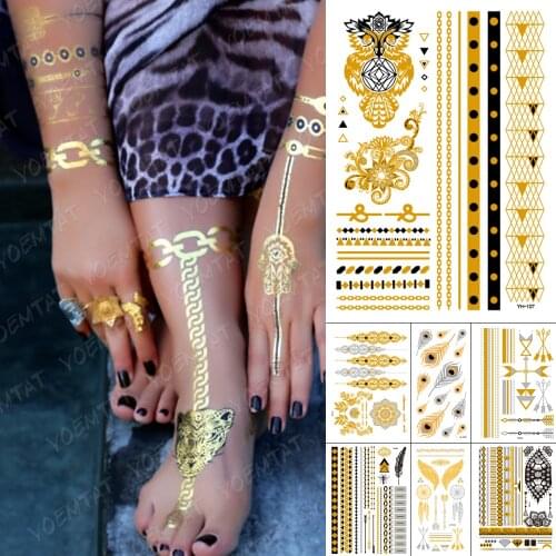 Waterproof Temporary Tattoo Sticker Owl Feather Wings Bird Gold Silver Metallic Flash Tatoo Boho Henna Jewelry Glitter Body Art