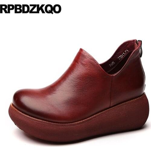 Autumn Ankle Women Boots 2016 Round Toe Wide Calf Shoes Booties Muffin Wine Red Platform Slip On Flat Strange Genuine Leather