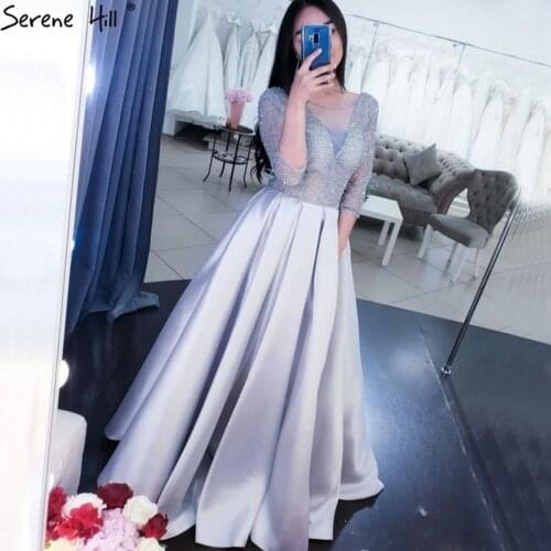 Navy Blue Long Sleeve Sexy Evening Dresses 2020 Satin O-Neck Beading Lace Up Formal Dress Design Serene Hill DLA70482