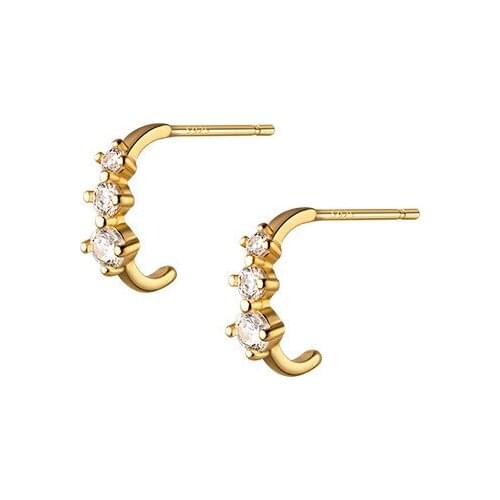 18K Gold REAL. 925 Sterling Silver Jewelry Three stones CZ Set 4A+Half Circle Ear Stud Earrings Piercing C-G9216
