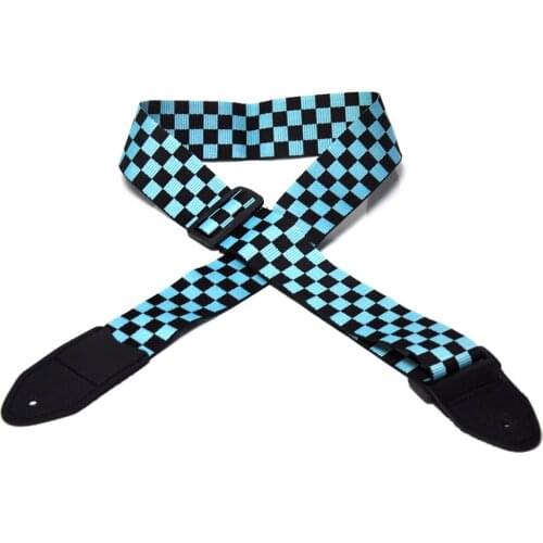 5cm Wide Blue Black Guitar Bass Strap Checked Squared Contton w/ Leather Head