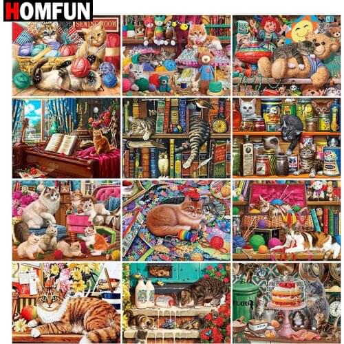 HOMFUN 5D Diamond "Bookshelf cats and dogs" Diamond Embroidery Full Round/ Square Diy Diamond Painting Cross Stitch Home Decor