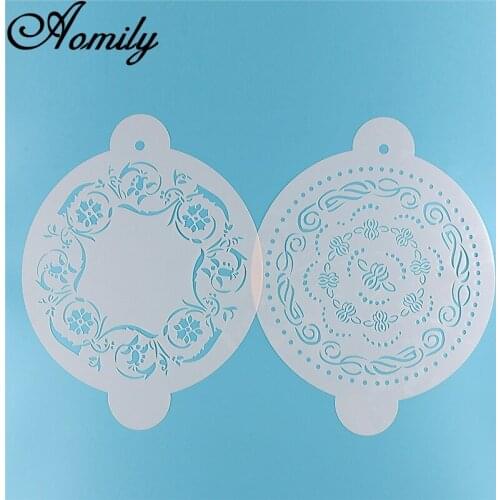Aomily 2pcs/Set 8inch Art Flower DIY Cake Stencils Airbrush Painting Art Molds Fondant Decorating Tools Coffee Espresso Stencils