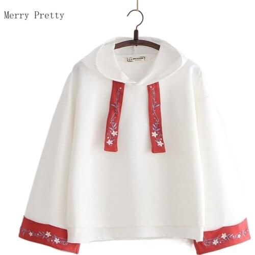 White Floral Embroidery Flare Sleeve Hooded Sweatshirts 2021 Summer Sweet Style Drawstring Female Harajuku Cotton Hoodies Top