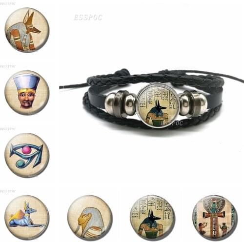 Lord of The Underworld Anubis Glass Cabochon Egyptian Jewelry Black Braided Leather Bracelet Men Women Gift