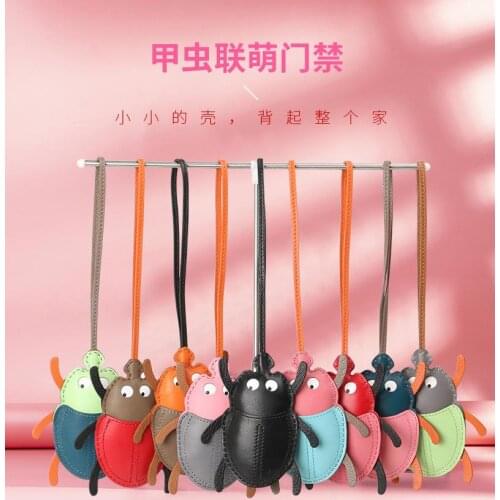 Classic Animal Chains 100% Real Leather Cartoon Beetle Card Protection Case Handmade Keyrings For Women Bag Holder Accessories
