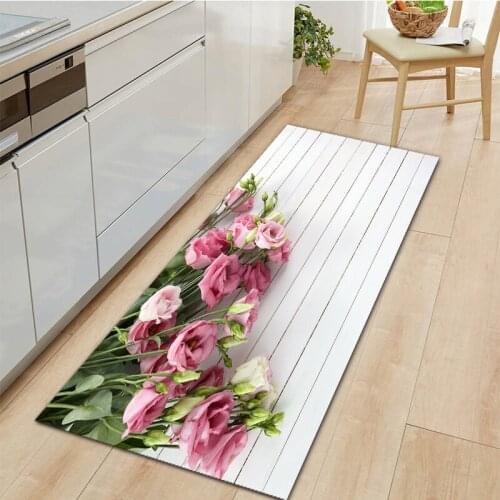 Fresh Flowers Welcome Doormat Absorbable Kitchen Carpet Wood Grain Decorative Hallway Living Room Area Rugs Non-Slip Bath Mat