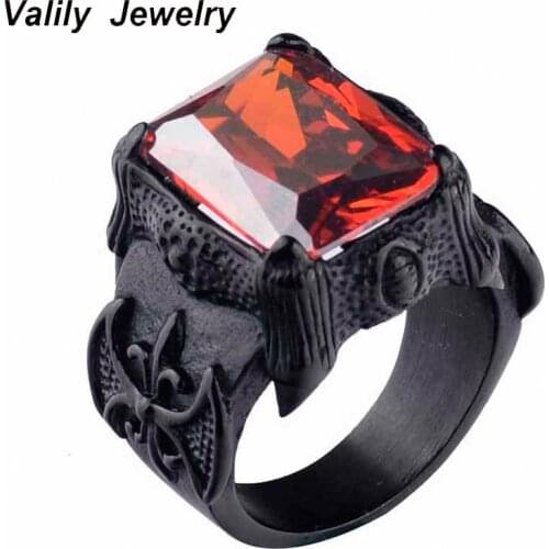 Valily Jewelry Big Red CZ Stones Rings Black Dragon Claw Vintage Ring for Men Stainless Steel Punk Ring Prong Setting by Hand