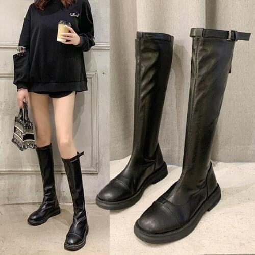 2021 New Knight Boots Womens High Boots Soft Bottom Thin Boots British Style Black Handsome Boots Leather Boots Fashion