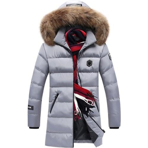 Winter Brand Men Parkas Coat Mens Long Section Fur Collar Hooded Parkas Coat Male Solid Color Casual Parka Coats