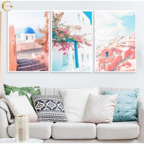 Seaside Scenery Flowers Canvas Painting Santorini Greek Island Summer Landscape Poster Minimalist Wall Art Prints Home Decor