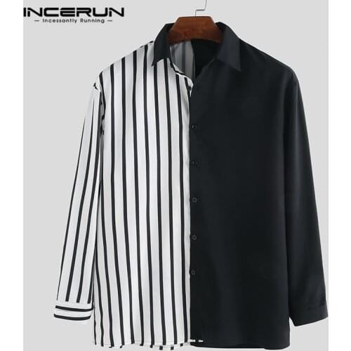INCERUN Casual Men Shirt Long Sleeve Striped Patchwork Chic Lapel Collar Button Personality Brand Shirts Camisa Masculina S-5XL