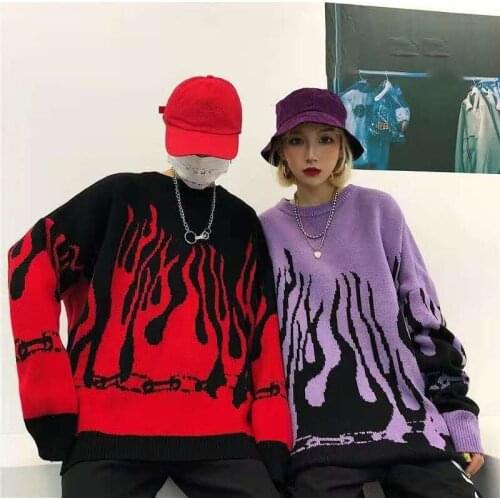 Boyfriend Long Sleeve Flame Batwing Sleeve Knitted Sweater Womens Fall 2020 Women Purple Red Oversized O-Neck Flame Sweaters