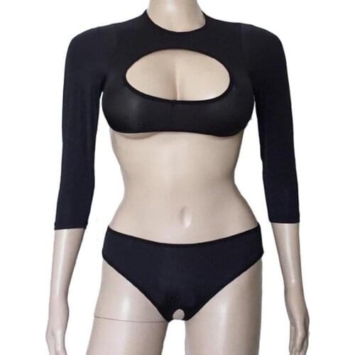 Sexy Women Breast Exposing Silky Crop Tops Open Crotch Crotchless Panties Skinny Underwear Hot Erotic Lingerie Set