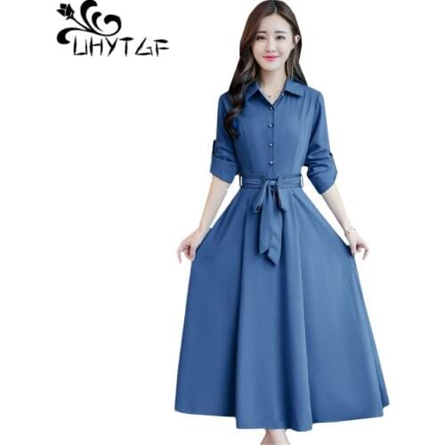 UHYTGF Korean women plus size dress fashion Cotton silk and linen Spring autumn dresses Elegant Lady Lace-up Slim Long dress 266