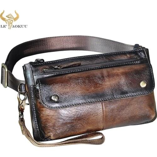 Original Leather men Casual Design Fanny Waist Belt Bag Chest Pack Fashion Coffee Travel 7" Phone Cigarette Case Pouch Male 8136