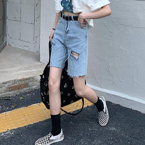2021Woman Shorts Summer Korean Hong Kong Style Straight Denim Five-point Loose Hole High Waist Female PantsWide leg pants