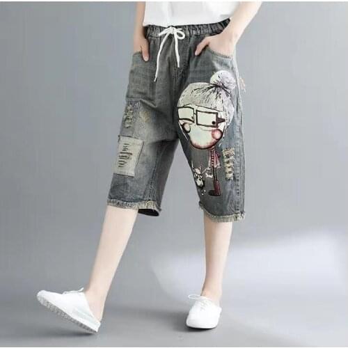 2021 New Arrival Summer Korean Style Women Loose Casual Elastic Waist Harem Pants Vintga Print Hole Design Cotton Denim Jeans