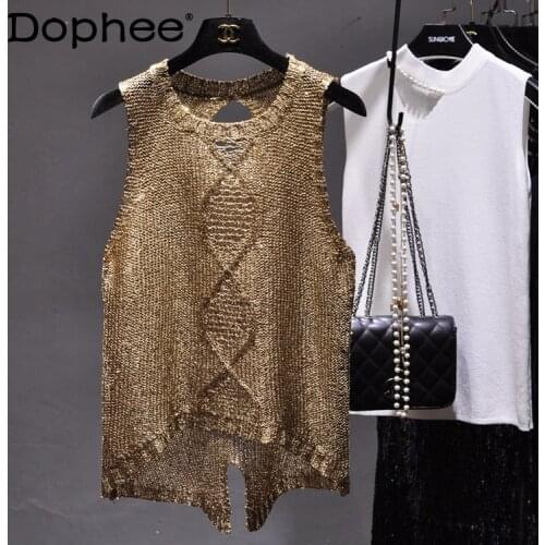 Womens Vest 2021 Spring Sexy Hollow Out Crew Neck Split Sequined Design Knitted Camisole Sling Fashion Sleeveless Halter Top