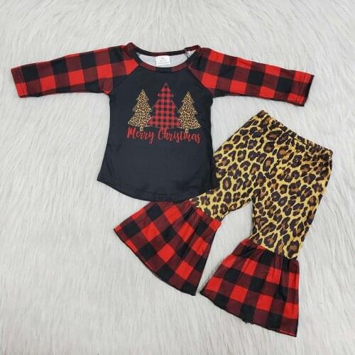 Girl winter long sleeve outfit Plaid leopard screen print Christmas set hot sale baby girls clothing