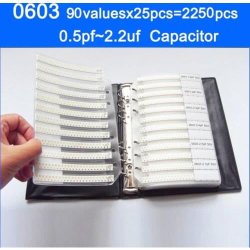 0603 SMD Capacitor Sample Book 90valuesX25pcs=2250pcs 0.5PF~2.2UF Capacitor Assortment Kit Pack