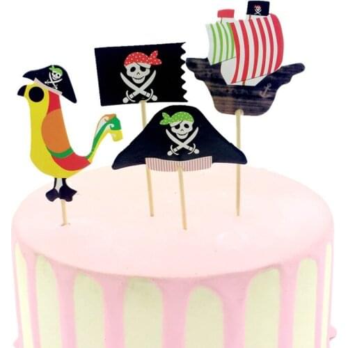24PCS Cartoon Cake Topper Pirate Ship Skull Flag Rooster Pirate King Pirate Hat Happy Birthday Kids Favor Baking Cake Decoration
