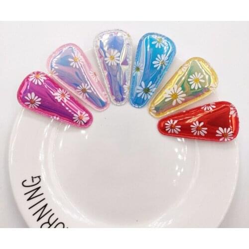 30pcs/lot 5.5*2.8cm Pu shiny daisy printing BB Hair clip cover for DIY handmade children hair clip accessories