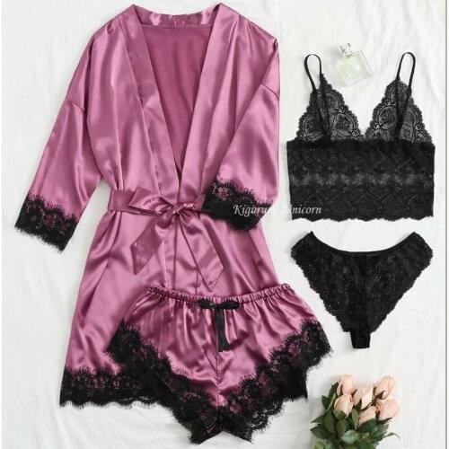 4PCS Sleepwear Female Pajamas Set Satin Pyjamamas Sexy Lace Patchwork Bridal Wedding Nightwear Rayon Home Wear Nighty&Robe Suit