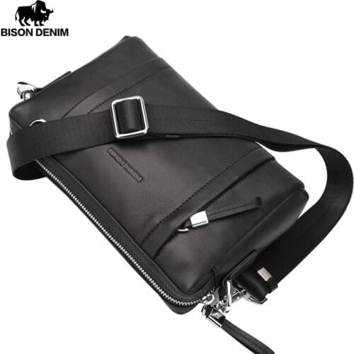 BISON DENIM 100% Genuine Leather Guarantee Crossbody Bag Black Messenger Bag Mens Clutch bag Zipper Wallet N8016