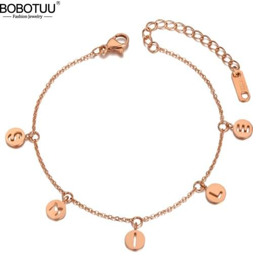 BOBOTUU 316L Stainless Steel Bohemia Beach Chain & Link Bracelets For Women Trendy Smile Letter Charm Bracelet Jewelry BB20134