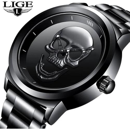 Relogio Masculino LIGE Skull Mens Watches Simple Stainless Steel Sports Watch Mens Openwork Quartz Wristwatch Waterproof Watc