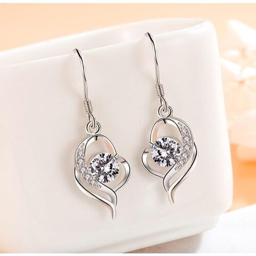 Elegant 925 Sterling Silver Dangle Earrings for Women Girl Fashion AAA Zircon Crystal Heart Design Earring Jewelry Gift 2021 New