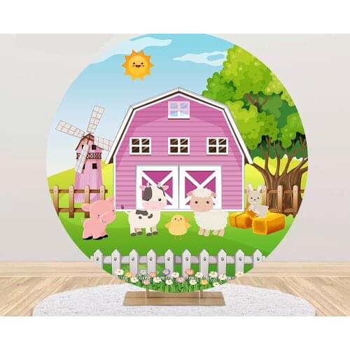 Farm Animal Baby Shower Pink Red House Photo Background Birthday Party Decorations Round Photography Backdrops Covers