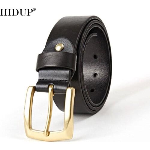HIDUP Designers Mens Quality Cowhide Leather Belt Solid Brass Clasp Buckle Metal Cowskin Belts Jean Accessories for Men NWJ350