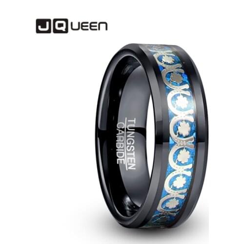 8mm Horseshoe Clover Pattern Blue Red Opal Paper Electric Black Tungsten Carbide Ring Fashion Wedding Jewelry Best Gift