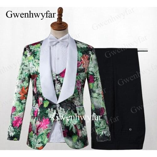 Gwenhwyfar 3 Piece Eucalyptus leaves Casual Party Men Suits With White Lapel Black Pants Custom Made Wedding Groom Tuxedos 2019