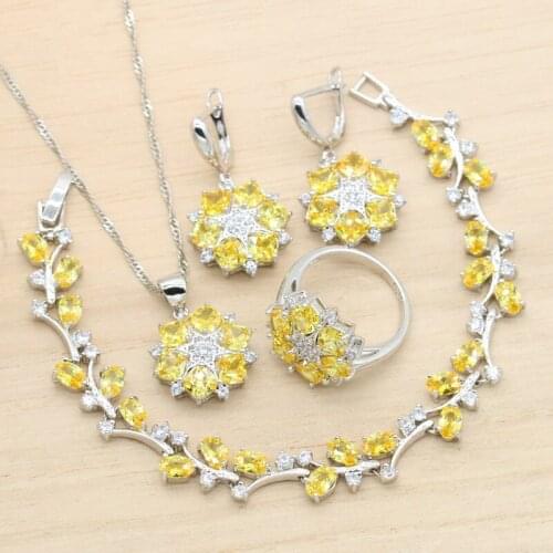 Noble Yellow Cubic Zircon Silver Color Jewelry Sets For Women Wedding Earrings Pendant Necklace Bracelet Ring Birthday Gift