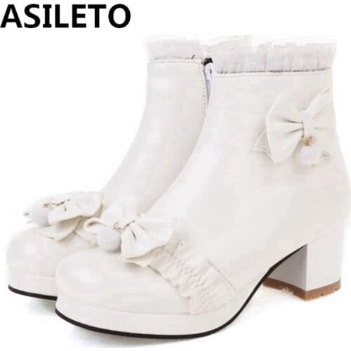 ASILETO Lolita Autumn Winter Ankle Short Boots Round toe Chunky Heels Zip Lace Bow Ladylike Small Big Size 30-43 Party S2473