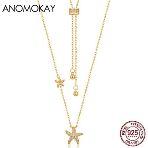 European & American Trendy Ocean Series Gold Color Starfish Nekclace Real Sterling 925 Silver Adjustable Chain Link Necklaces
