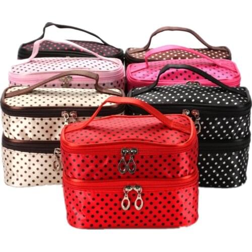 Portable Double Layer Cosmetic Storage Bag Fashion Women Small Dots Makeup Organizer with Mirror Multifunctional Handbag Case