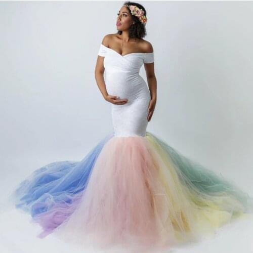 Rainbow Tutu Fishtail Maternity Dress For Photo Shoot Maxi Dress Fancy Maternity Photography Props Pregnancy Dress