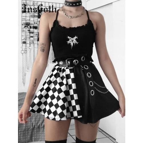 InsGoth Punk Skirt Gothic Plaid A Line Mini Skirts Harajuku Streetwear Sexy Plaid Patchwork Skirt E Girl Grunge Y2K Club Wear