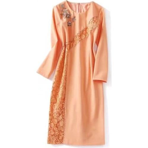 European and American womens wear new autumn 2022 Long sleeve sequined flower round collar Fashionable lace slim dress