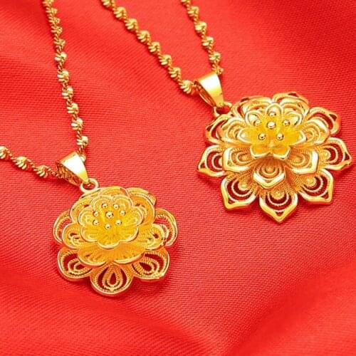 FYJS Unique Light Yellow Gold Color Metal Flower Pendant for Women Necklace Link Chain Jewelry