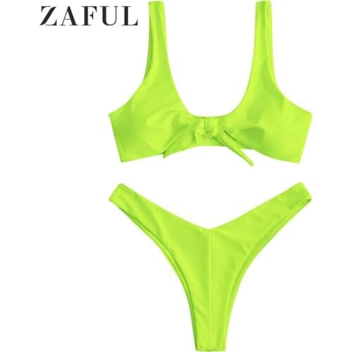 ZAFUL Knotted Padded Thong Bikini Swimwear Women Mid Waisted Solid Scoop Neck Brazilian Swimsuit Beach Wear Bathing Suit Femme