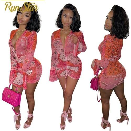 Women Mini Dress Fashion Deep V Neck Ruched Drawstring Print Party Dresses Mesh Flare Long Sleeve Transparent Club Outfit 2021
